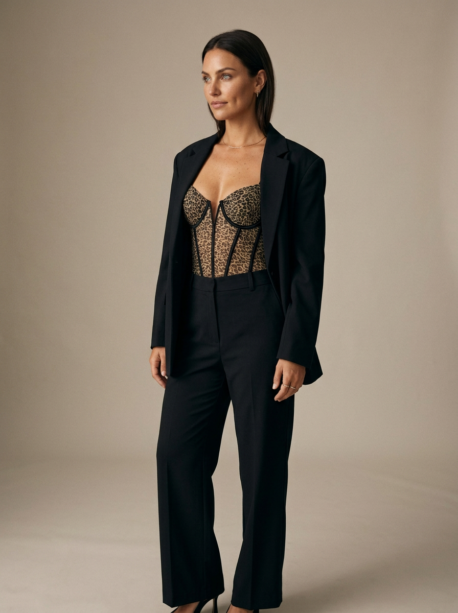 Model wearing the Tansy leopard bodysuit with tailored black trousers.