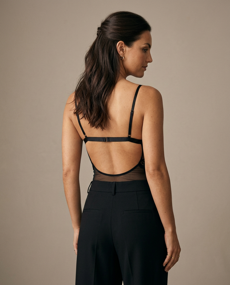 Back detail of the Nightshade black lace bodysuit worn by Model.