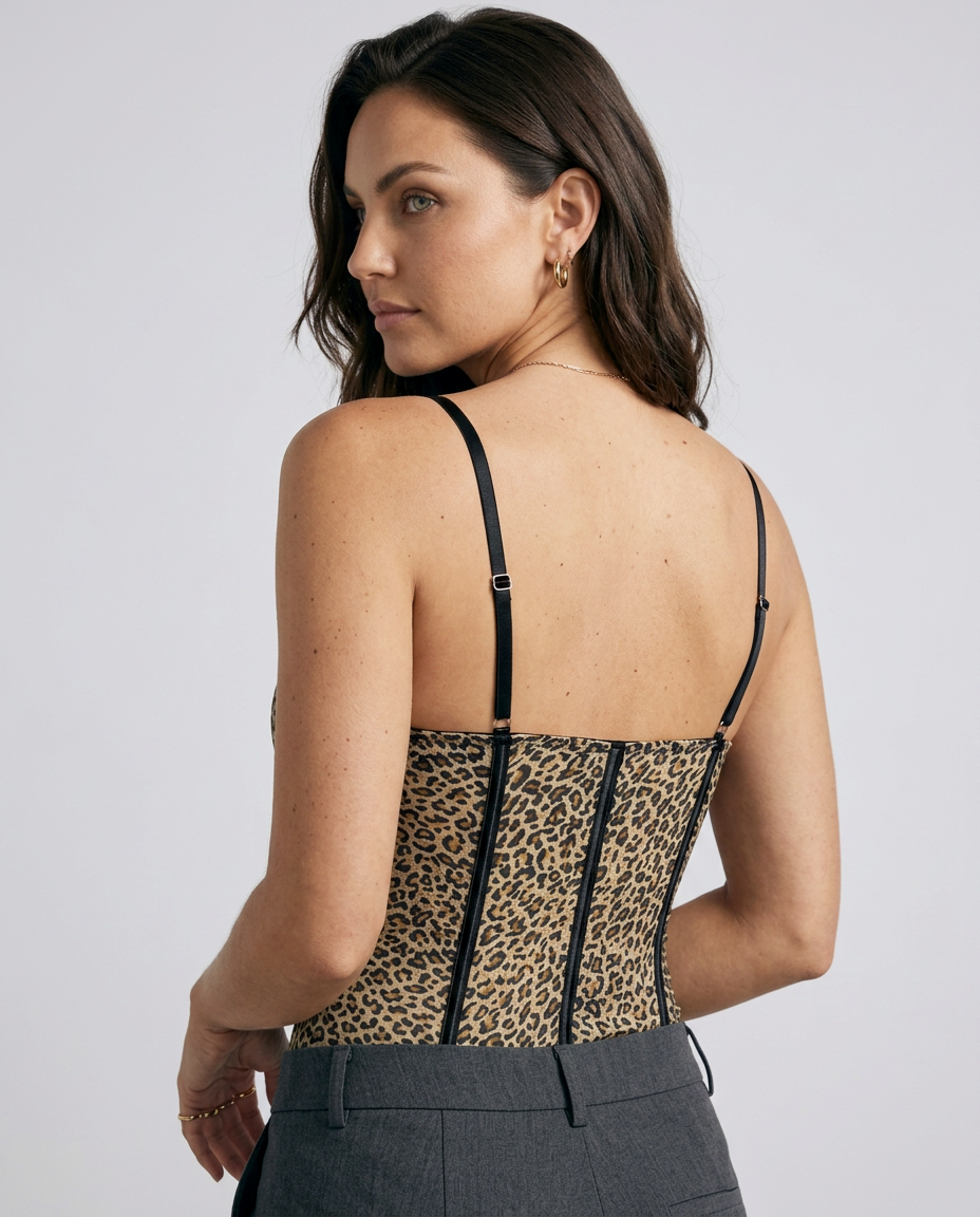 Model wearing the Tansy leopard bodysuit, shown from the back.